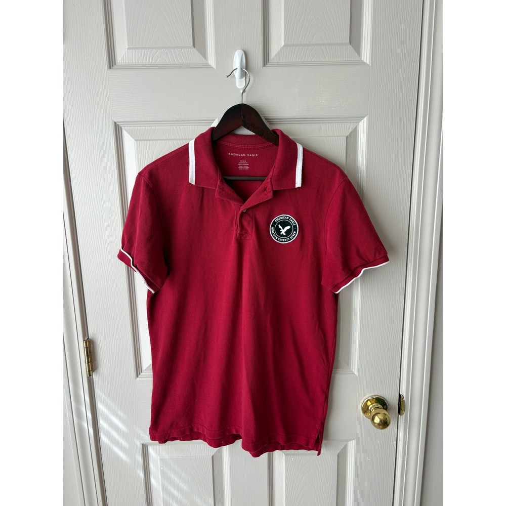 American Eagle Polo Shirt Mens Medium Red Tipped Collar Crest Patch Pique
